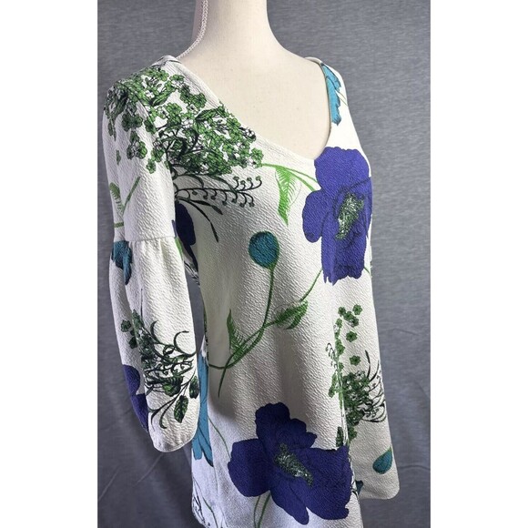 Anthropologie Deletta Haru S Floral Tunic Top Blue Green Puff Sleeve Mid Mod MCM - Picture 4 of 15
